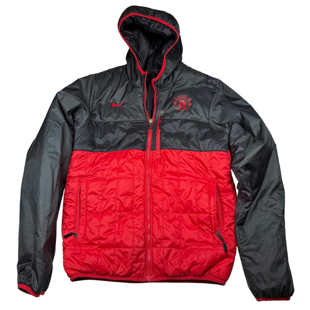 Nike Manchester United Reversible Puffer Jacket Mens Small Red Black Hooded Coat